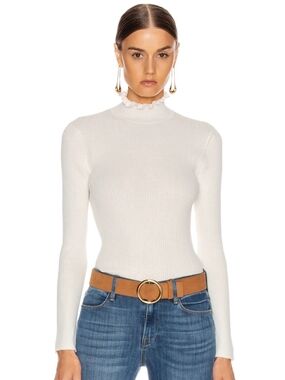 Frame Denim Cream Ribbed Ruffle Mock Neck Sweater